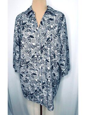 Foxcroft Faith Layered Leaves Button-Up Blouse Top 18W Black White Wrinkle-Free
